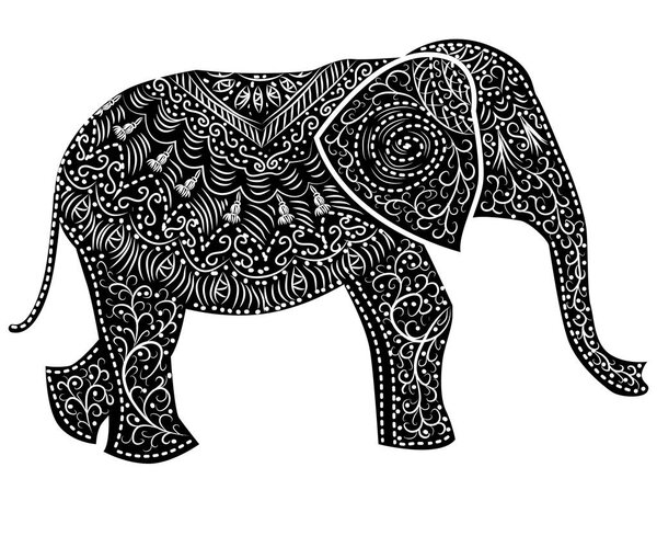 Stylized fantasy patterned elephant. Hand drawn illustration