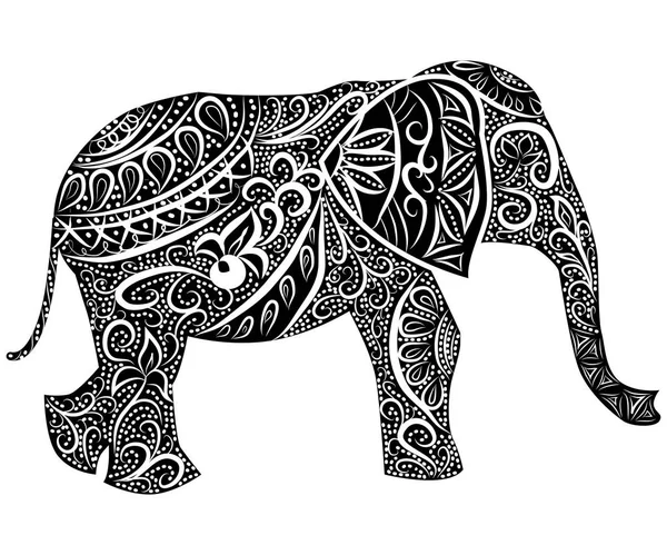 Stylized fantasy patterned elephant. Hand drawn illustration — Stock Vector