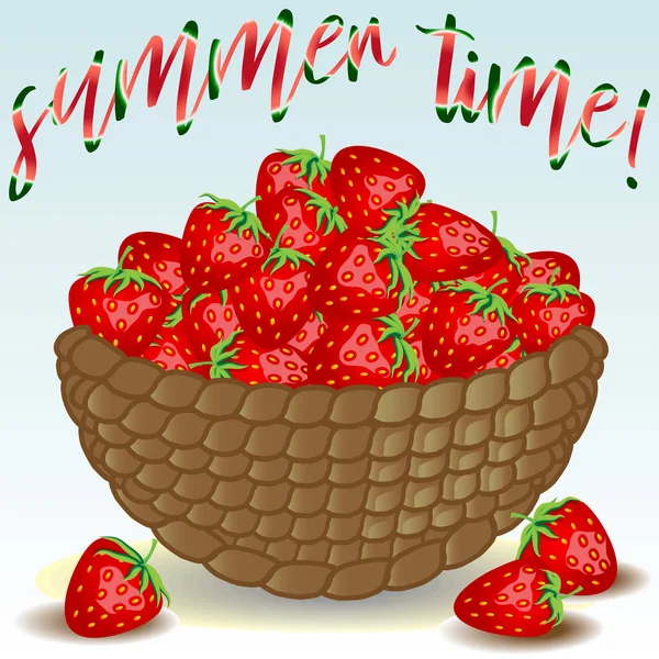 Weidenkorb ohne Griff, eine Schüssel voller Beeren, Erdbeeren, Erdbeeren verstreut in der Nähe. — Stockvektor