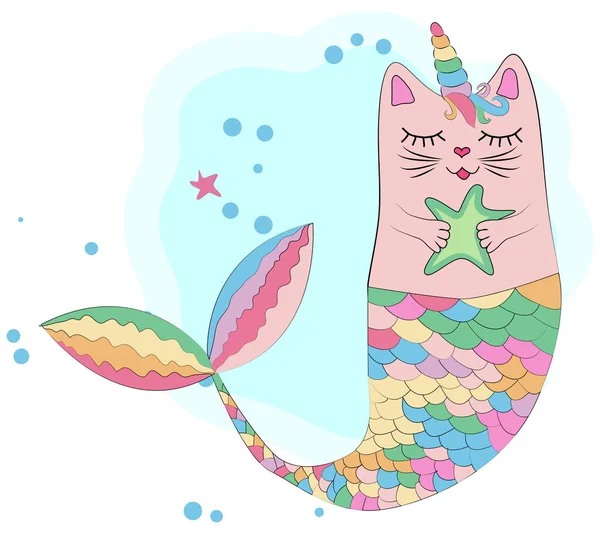 Fun magic cat unicorn and mermaid. — Stock Vector