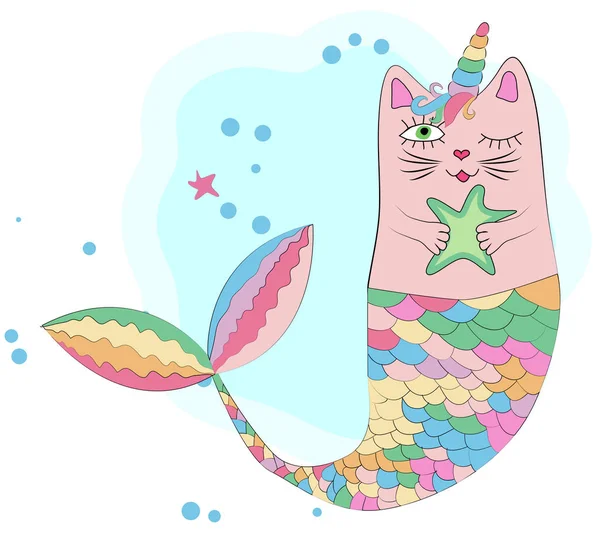 Fun magic cat unicorn and mermaid. — Stock Vector