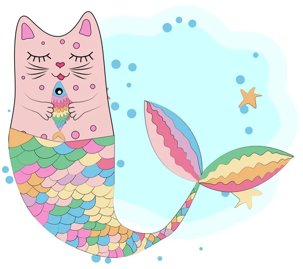 Unicornio gato con cola de sirena en los colores del arco iris — Vector de stock