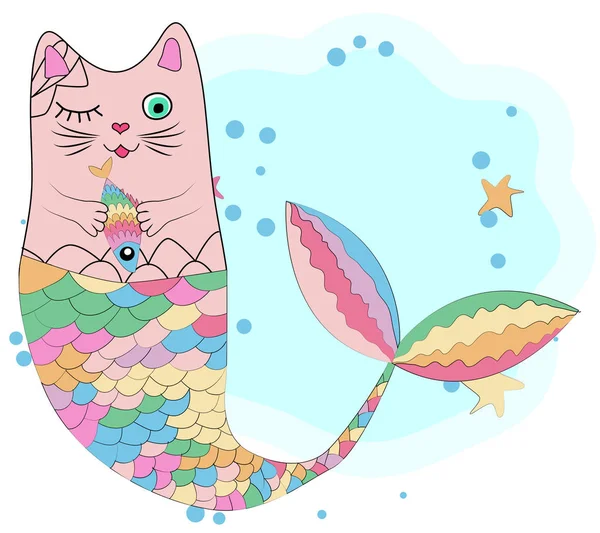 Unicornio gato con cola de sirena en los colores del arco iris — Vector de stock
