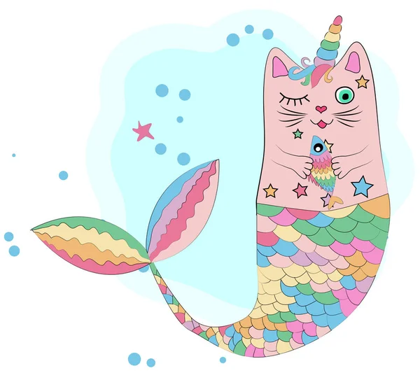 Cat unicorn with a mermaid's tail in the colors of the rainbow — Stock Vector