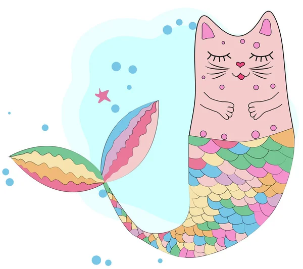 Gökkuşağı renklerinde bir denizkızı kuyruğu ile kedi Unicorn — Stok Vektör