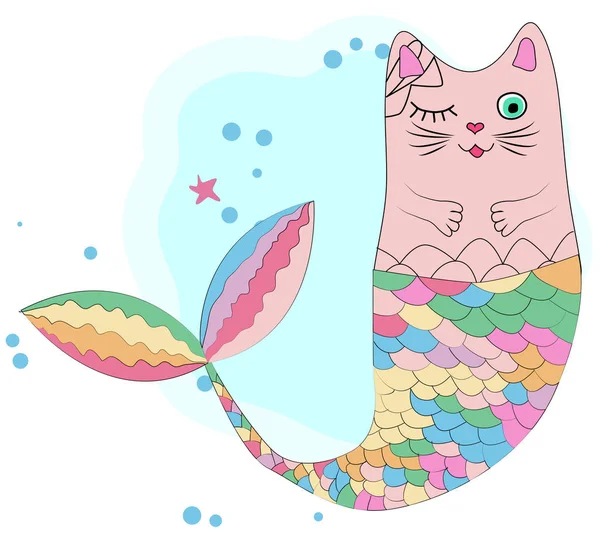 Cat unicorn with a mermaid's tail in the colors of the rainbow — Stock Vector