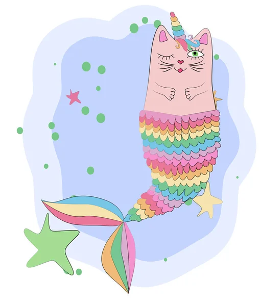 Cat unicorn with a mermaid's tail in the colors of the rainbow — Stock Vector