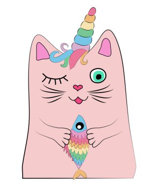 Pençeleri, baskı, tasarım bir gökkuşağı balığı ile kedi Unicorn