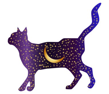 Kedi-gece. Yıldız ve genç bir ay ile bir gece gökyüzü ile kedi siluetleri boyalı