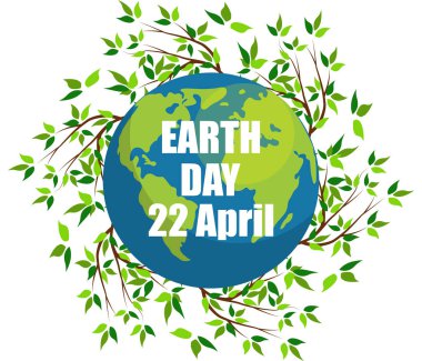 Gezegenler ve yeşil yaprakları. 22 Nisan. Mutlu dünya günü. Dünya günü kartı.