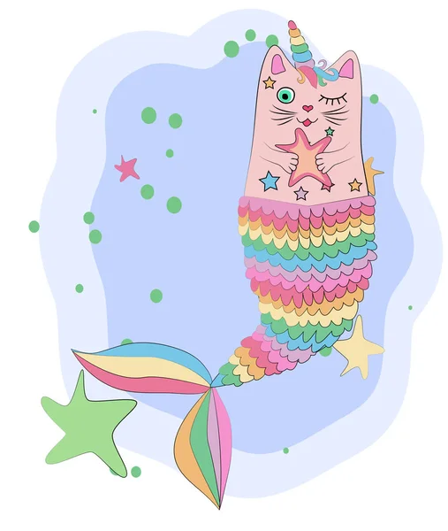 Fun magic cat unicorn and mermaid. — Stock Vector