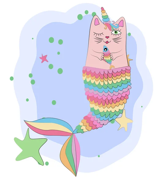 Cat unicorn with a mermaid's tail in the colors of the rainbow — Stock Vector