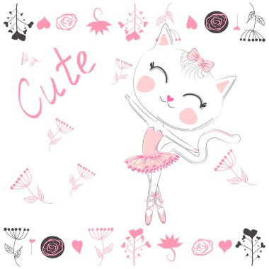 Bale tutu sevimli beyaz karikatür kedi, pembe bir etek Kitty kız, sevimli yazı. tatlı kart