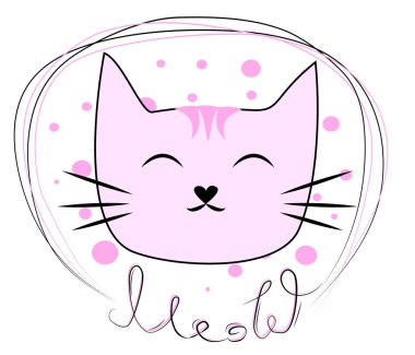 Metin Meow ile bir zincirde komik bir kedi yüzü el çizilmiş Illustration. Çocuklar için tasarım konsepti.