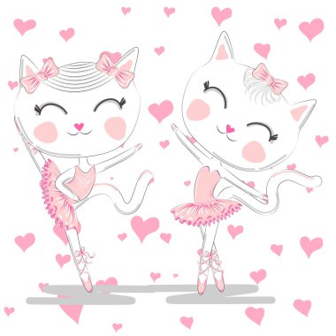 Pembe Bale tutu ve Pointe sevimli beyaz balerin kediler el çizilmiş güzel çifti