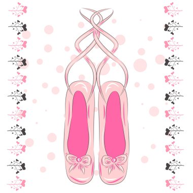 Tişört tasarımı. Kroki siluet el çizilmiş Pointes ayakkabı, pembe renklerde yay.