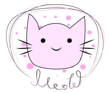 Metin Meow ile bir zincirde komik bir kedi yüzü el çizilmiş Illustration. Çocuklar için tasarım konsepti.