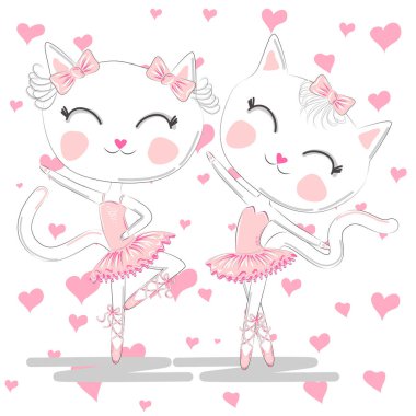 Pembe Bale tutu ve Pointe sevimli beyaz balerin kediler el çizilmiş güzel çifti