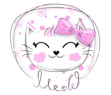 Metin Meow ile bir çiçek zincirinde komik bir kedi kız yüzü el çizilmiş Illustration. Beyaz arka planda yalıtılmış nesneler. Çocuklar için tasarım konsepti.