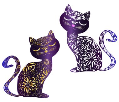 Zarif kedi, siluet, Hint tarzında el boyalı, baskı, tasarım. Zarafet kavramı, bir kedi güzelliği, benzersiz bir desen