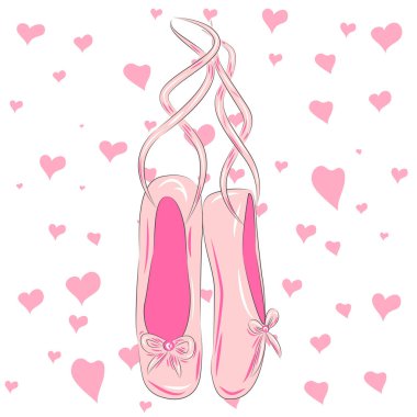 Tişört tasarımı. Kroki siluet el çizilmiş Pointes ayakkabı, pembe renklerde yay.
