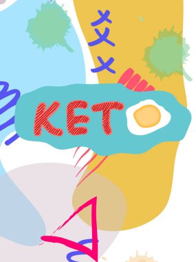 Keto yağ kolaj yazı. Ketogenic yemek sloganı, Memphis arka planda ifade. Sağlıklı beslenme poster, afiş tasarım şablonu