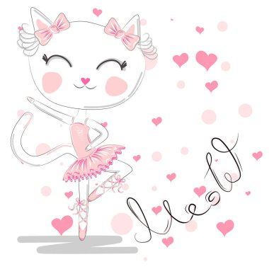 Bale tutu sevimli beyaz karikatür kedi, pembe bir etek Kitty kız, sevimli yazı. tatlı kart