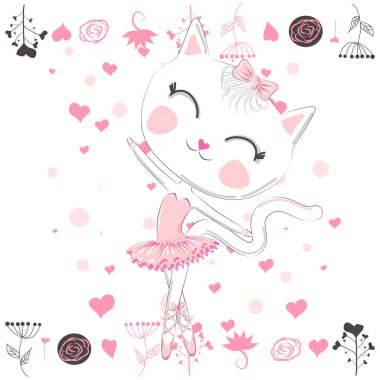 Pembe Bale tutu bir Kawaii komik kedi el çizilmiş Illustration. Tasarım konsepti, çocuk baskısı.