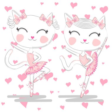 Pembe Bale tutu ve Pointe sevimli beyaz balerin kediler el çizilmiş güzel çifti