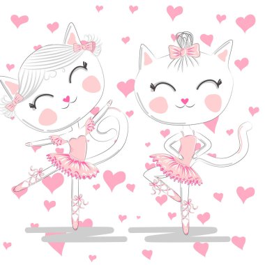 Pembe Bale tutu ve Pointe sevimli beyaz balerin kediler el çizilmiş güzel çifti