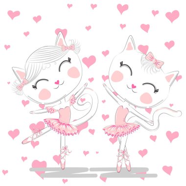 Pembe Bale tutu ve Pointe sevimli beyaz balerin kediler el çizilmiş güzel çifti