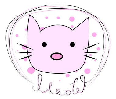 Metin Meow ile bir zincirde komik bir kedi yüzü el çizilmiş Illustration. Çocuklar için tasarım konsepti.