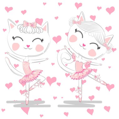 Pembe Bale tutu ve Pointe sevimli beyaz balerin kediler el çizilmiş güzel çifti