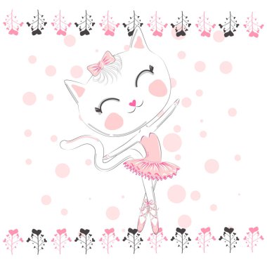 Bale tutu sevimli beyaz karikatür kedi, pembe bir etek Kitty kız, sevimli yazı. tatlı kart