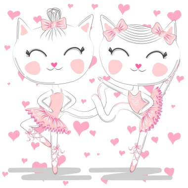 Pembe Bale tutu ve Pointe sevimli beyaz balerin kediler el çizilmiş güzel çifti