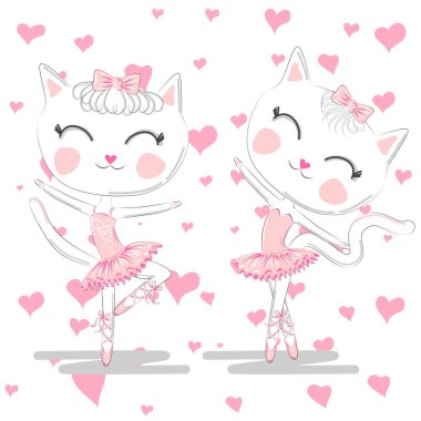 Pembe Bale tutu ve Pointe sevimli beyaz balerin kediler el çizilmiş güzel çifti