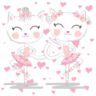 Pembe Bale tutu ve Pointe sevimli beyaz balerin kediler el çizilmiş güzel çifti