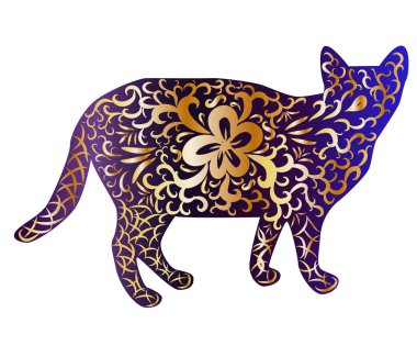 Zarif kedi, siluet, Hint tarzında el boyalı, baskı, tasarım. Zarafet kavramı, bir kedi güzelliği, Hint tarzında elle çizilmiş benzersiz bir desen