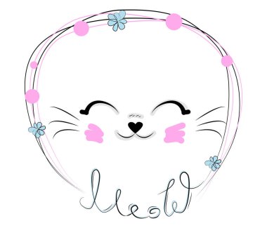 Metin Meow ile bir çiçek zincirinde komik bir kedi kız yüzü el çizilmiş Illustration. Beyaz arka planda yalıtılmış nesneler. Çocuklar için tasarım konsepti.