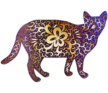Zarif kedi, siluet, Hint tarzında el boyalı, baskı, tasarım. Zarafet kavramı, bir kedi güzelliği, benzersiz bir desen
