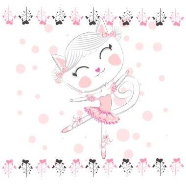 Bale tutu sevimli beyaz karikatür kedi, pembe bir etek Kitty kız, sevimli yazı. tatlı kart