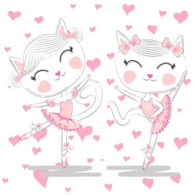 Pembe Bale tutu ve Pointe sevimli beyaz balerin kediler el çizilmiş güzel çifti