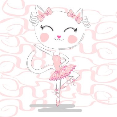 Tişört tasarımı. Kalp ile beyaz arka planda modern moda tarzı, orijinal metin dansı seviyorum. Pembe tutu sevimli balerin kedi dans bale.