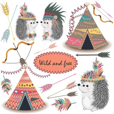 Tribal Collections Set with teepee tens, arrows, feathers, tribal borders, Indian hedgehog and feather headdress. clipart