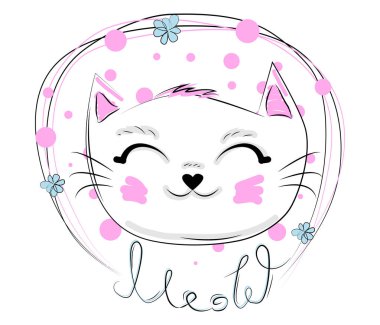 Metin Meow ile bir çiçek zincirinde komik bir kedi kız yüzü el çizilmiş Illustration. Beyaz arka planda yalıtılmış nesneler. Çocuklar için tasarım konsepti.