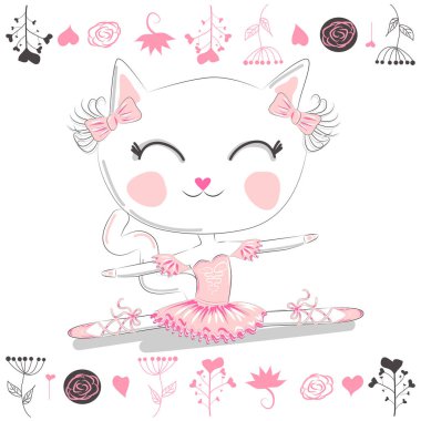 Tutu içinde sevimli dans kedi balerin. Karikatür el çizilmiş