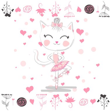 Pembe Bale tutu bir Kawaii komik kedi el çizilmiş Illustration. Tasarım konsepti, çocuk baskısı.