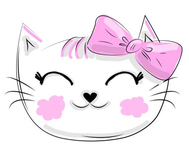 Metin Meow ile bir çiçek zincirinde komik bir kedi kız yüzü el çizilmiş Illustration. Beyaz arka planda yalıtılmış nesneler. Çocuklar için tasarım konsepti.