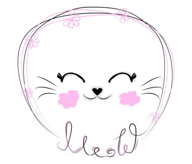 Metin Meow ile bir çiçek zincirinde komik bir kedi kız yüzü el çizilmiş Illustration. Beyaz arka planda yalıtılmış nesneler. Çocuklar için tasarım konsepti.