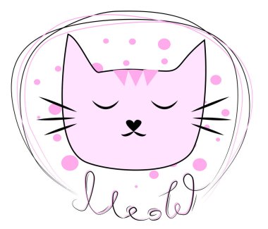 Metin Meow ile bir zincirde komik bir kedi yüzü el çizilmiş Illustration. Çocuklar için tasarım konsepti.